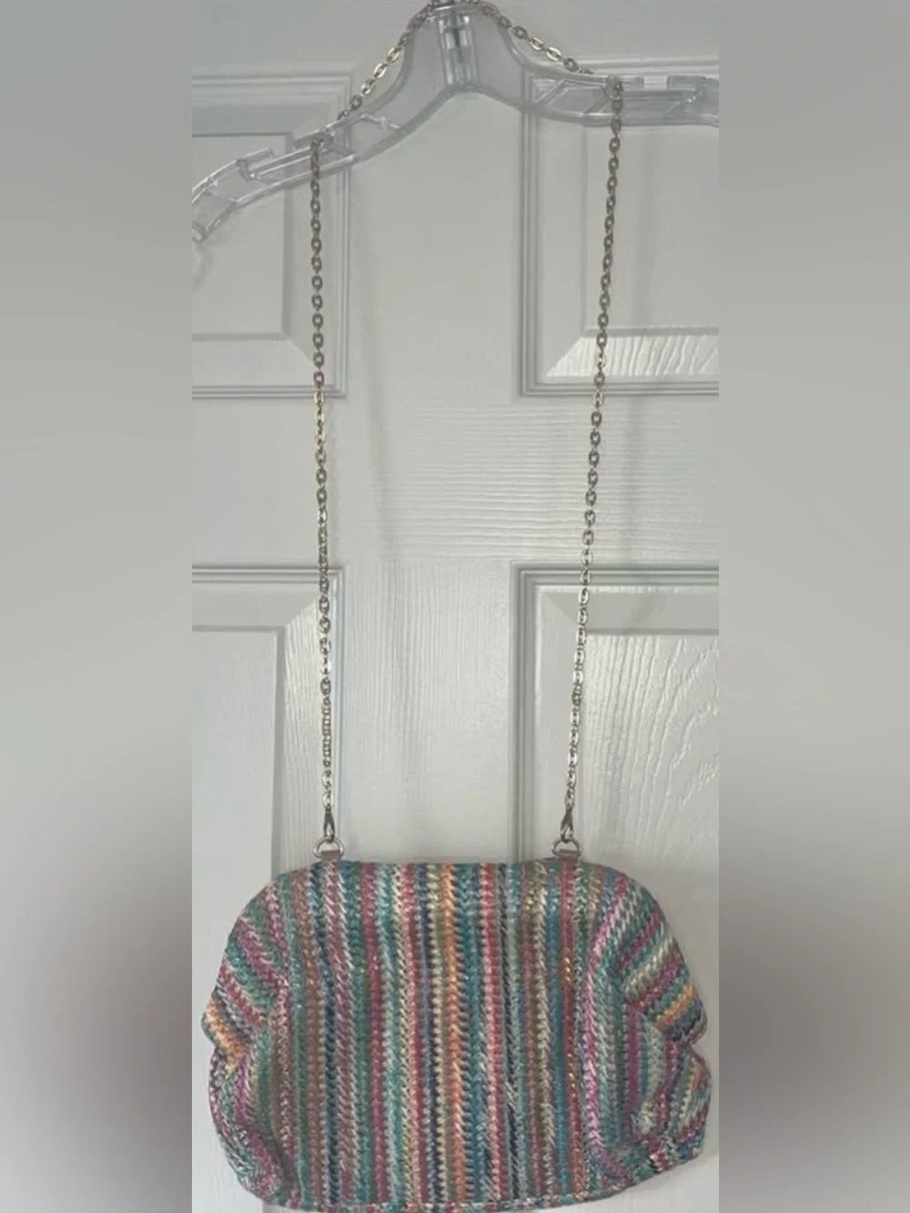 Striped Multicolor Knit Shoulder Bag with Chain Strap